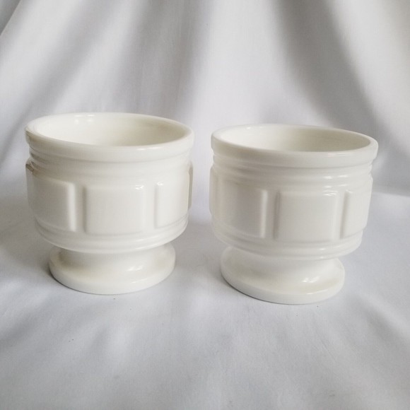 Set of 2 MCM Vintage Milk Glass Jardiniere Block Pattern Pedestal Vases Planters - Picture 4 of 7